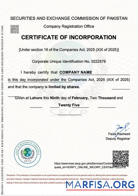 Downloadable Pakistan certificate of incorporation Word and PDF template